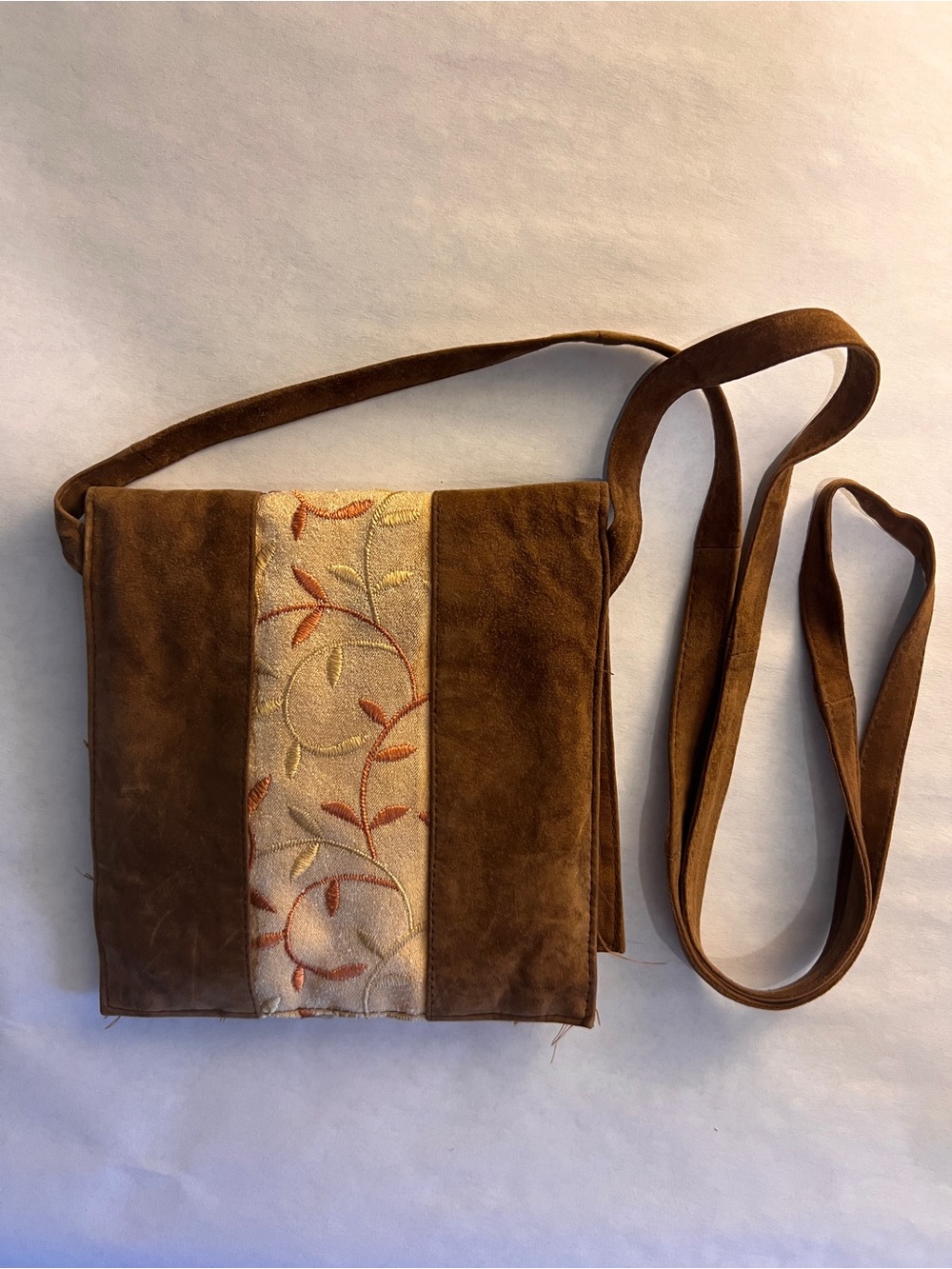 Kashmiri Embroidered Suede Crossbody Bag Brown Gold Floral Handmade India Boho